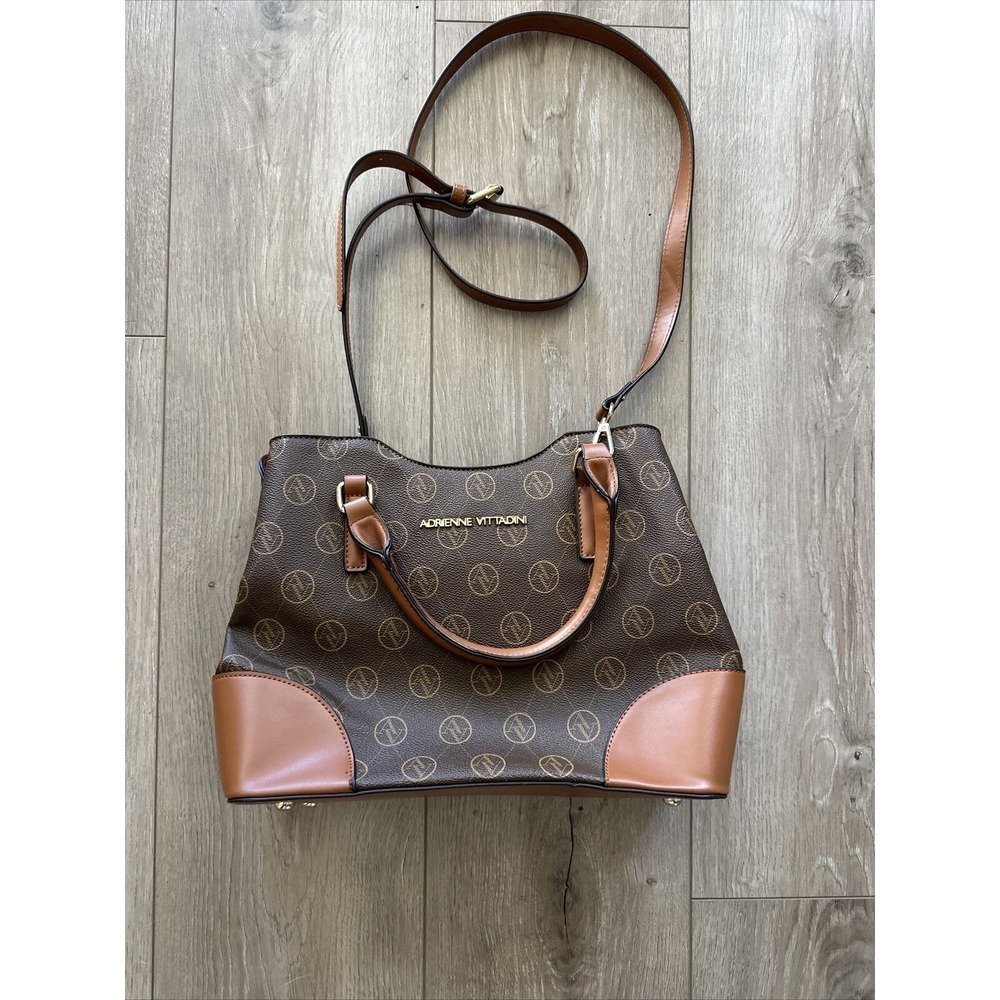 Adrienne Vittadini Dark Brown Tan Logo Signature Bag W/ Strap